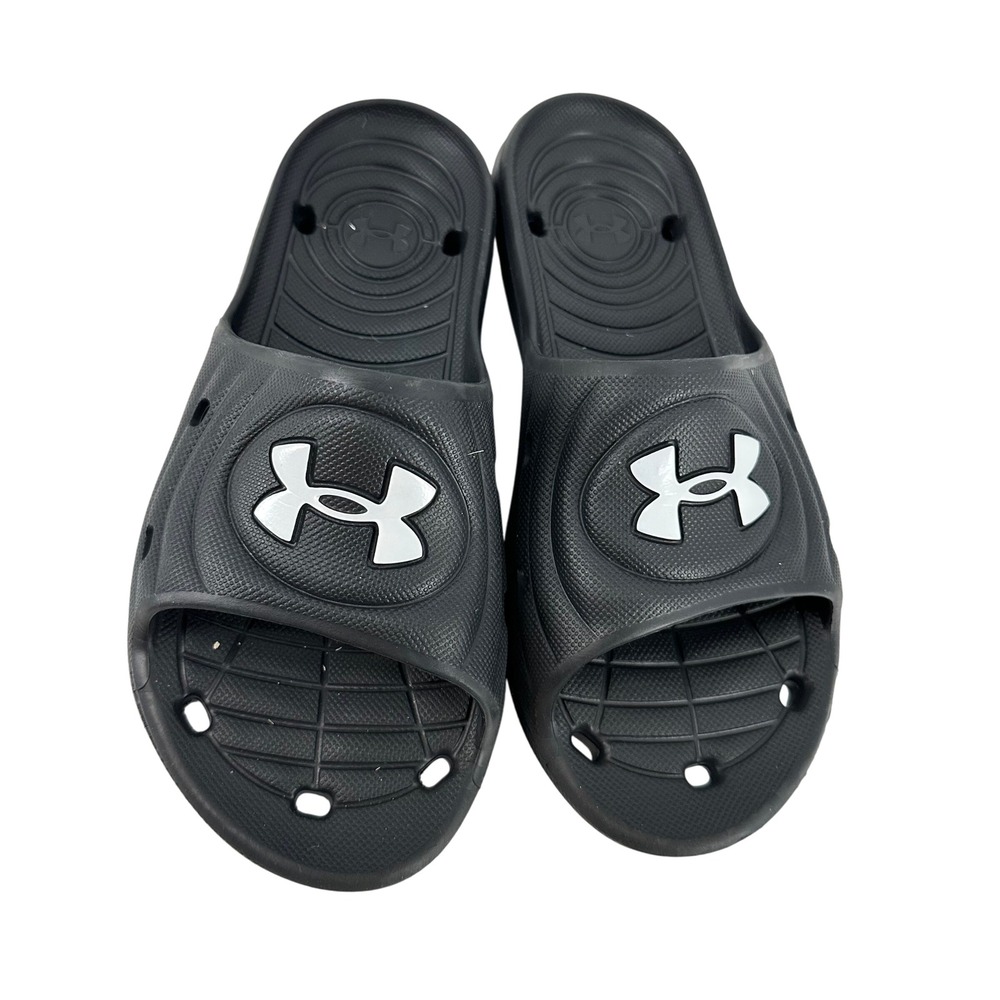 Under Armour Slides Sandals Athletic Comfort‎ Casual Black Logo Mens Size M5